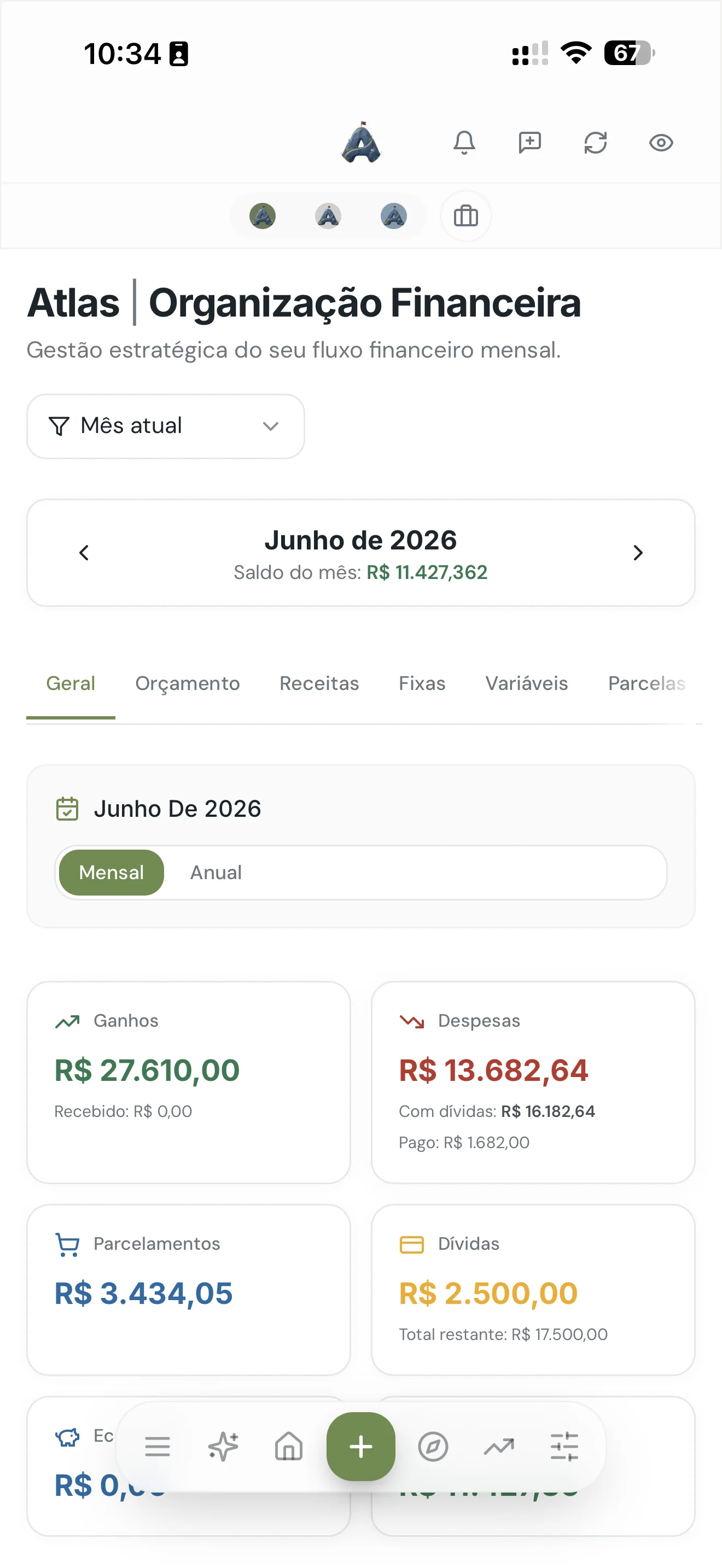 App Atlas mostrando os gastos divididos por categoria, ajudando a aplicar a regra 50/30/20